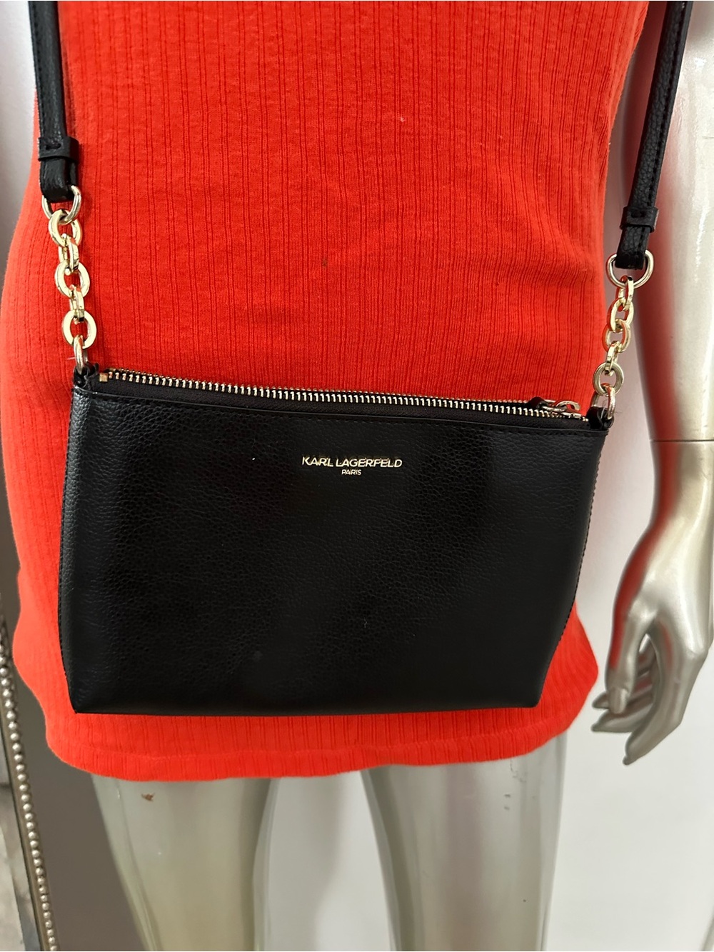 Karl Lagerfeld Black Pebbled Leather Crossbody with Gold Hardware